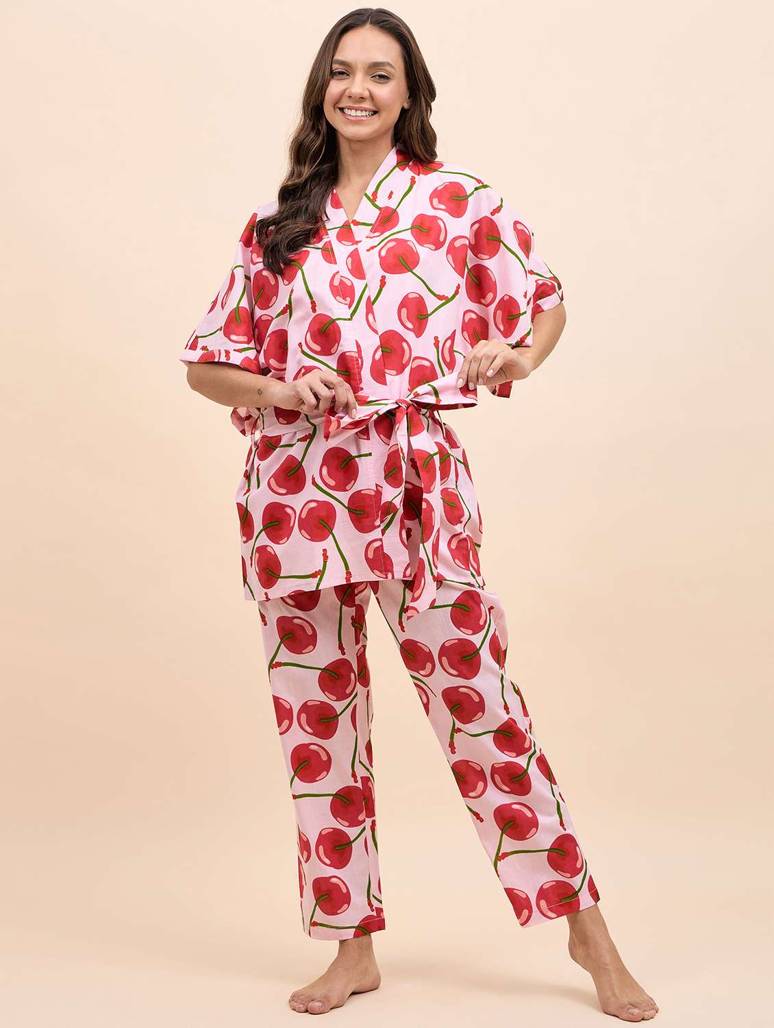 women printed nightwear pyjama set with robe