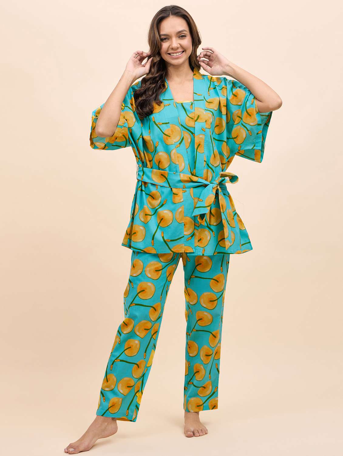women printed nightwear pyjama set with robe