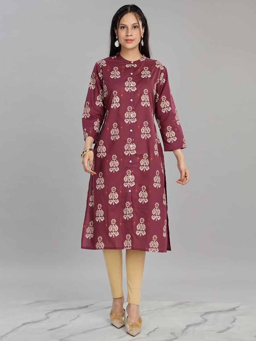 women purple three quarter sleeve a-line kurta - 21917817 - Standard Image - 1