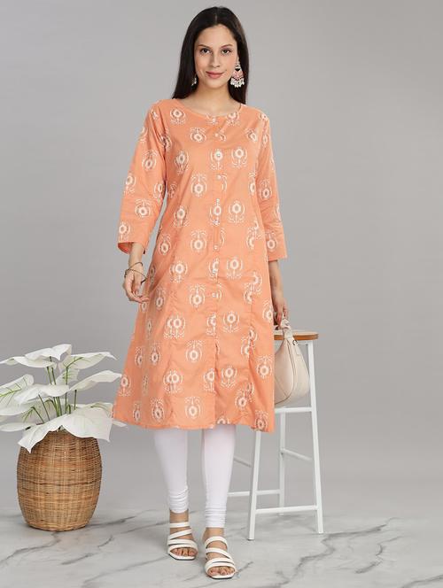women peach three quarter sleeve a-line kurta - 21917818 -  Standard Image - 0