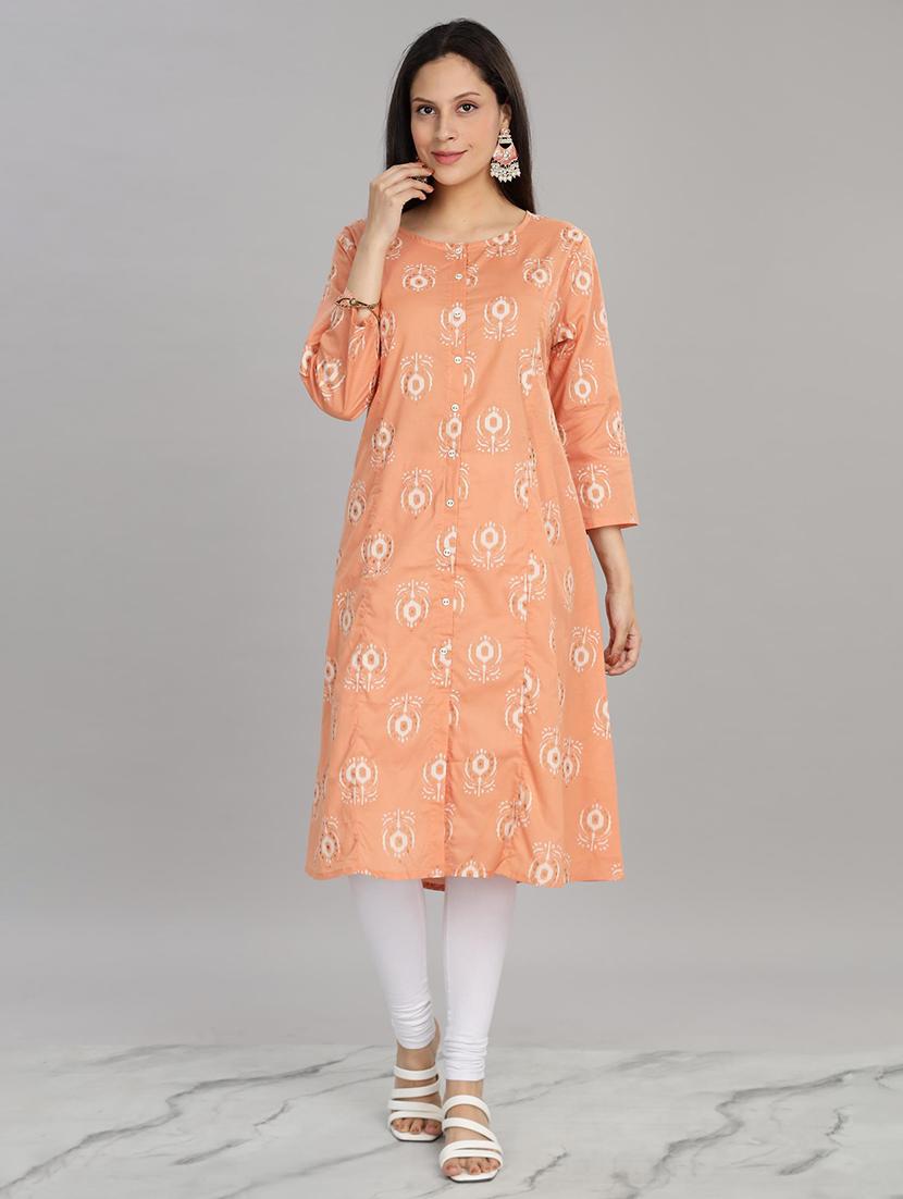 women peach three quarter sleeve a-line kurta - 21917818 -  Standard Image - 1