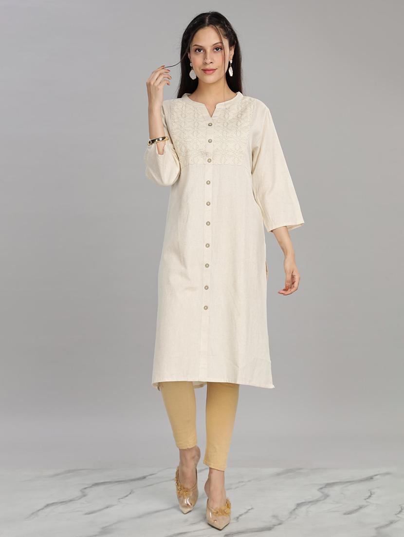 women beige three quarter sleeve a-line kurta - 21917821 - Standard Image - 1