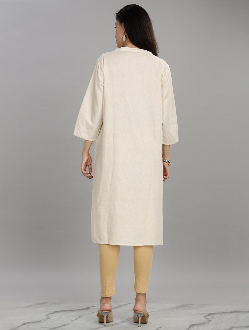 women beige three quarter sleeve a-line kurta - 21917821 - Standard Image - 4