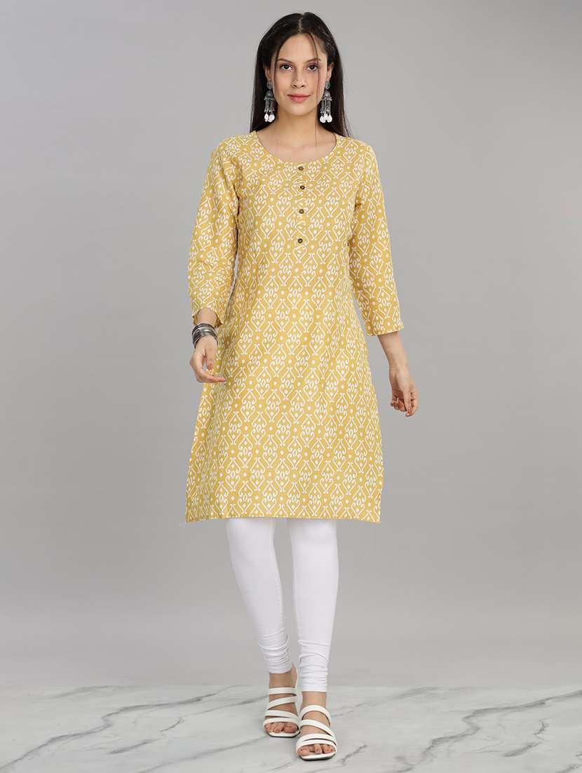 women yellow three quarter sleeve straight kurta - 21917823 - Standard Image - 1