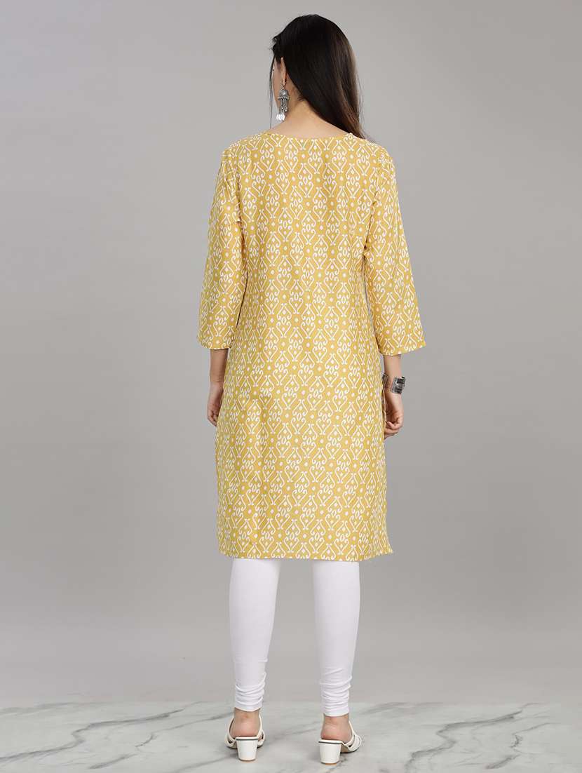 women yellow three quarter sleeve straight kurta - 21917823 - Standard Image - 4
