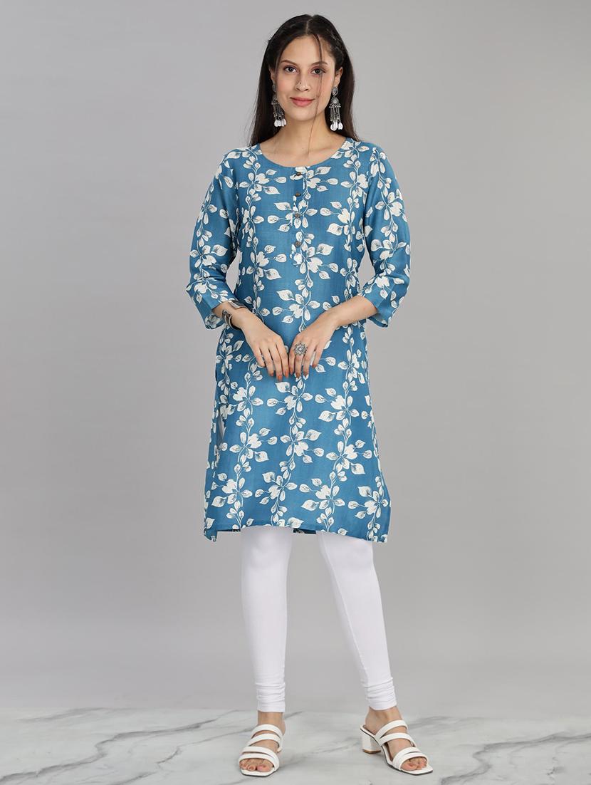 women blue three quarter sleeve straight kurta - 21917828 -  Standard Image - 1