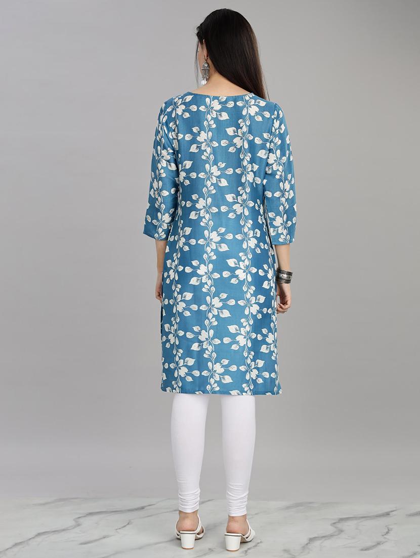 women blue three quarter sleeve straight kurta - 21917828 - Standard Image - 4