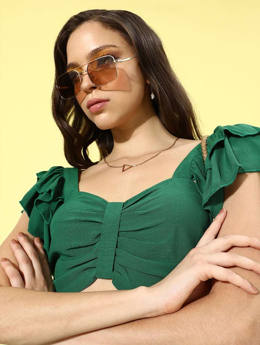women green ruffled sleeves crop top