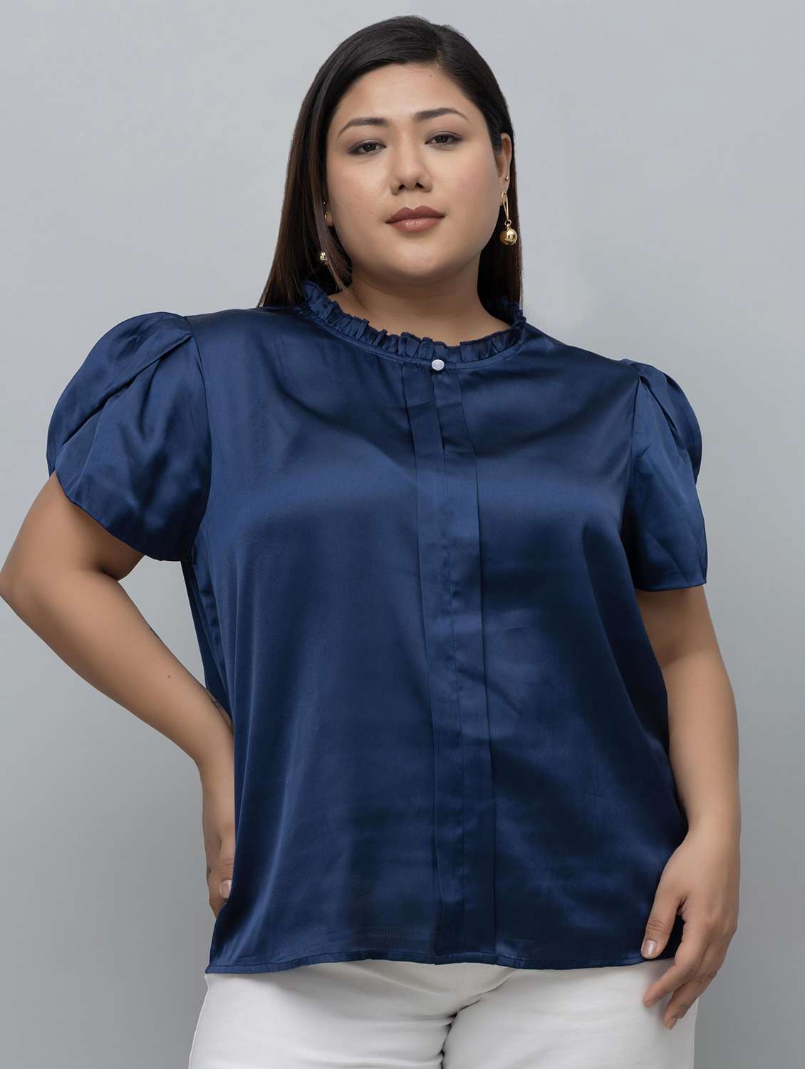 women plus size solid mandarin neck puff sleeves top