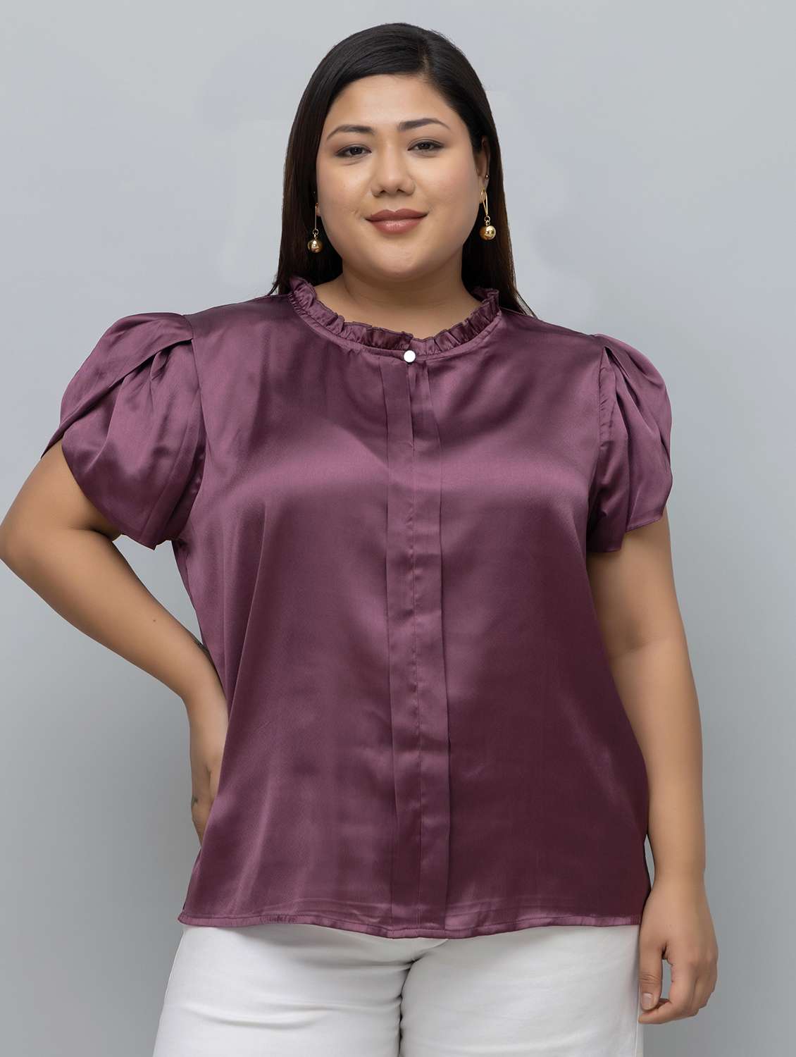 women plus size solid puff sleeves top