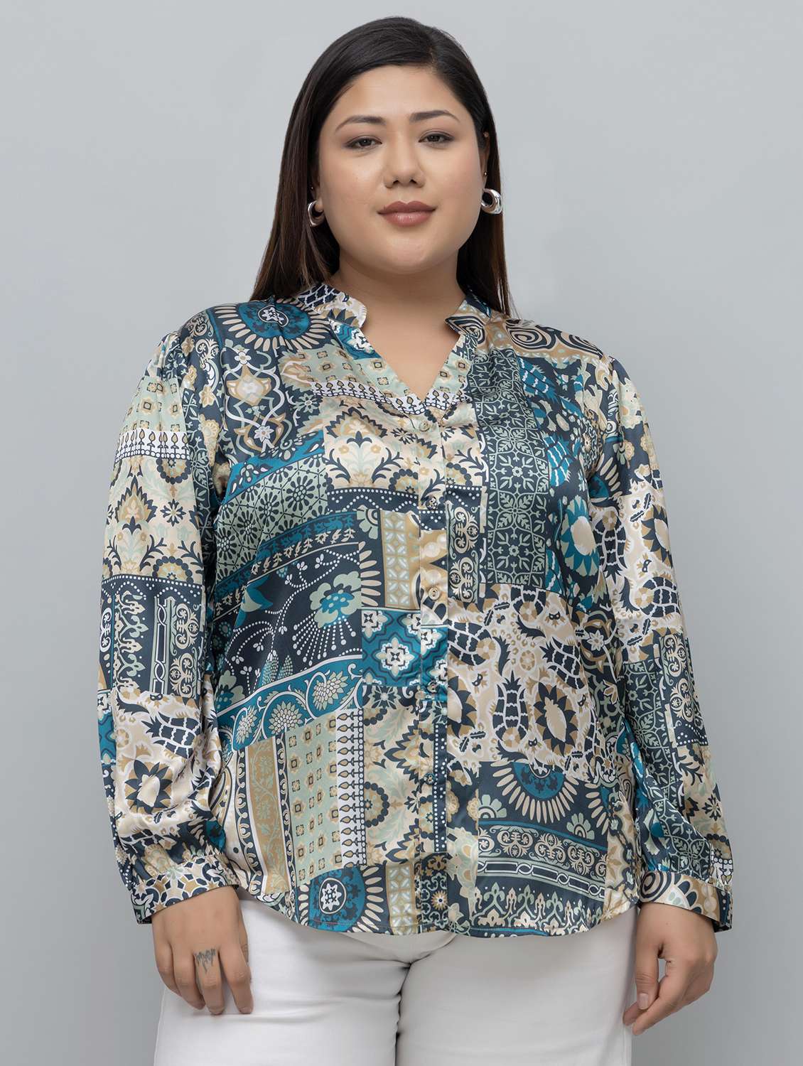 women plus sized printed mandarin neck shirt