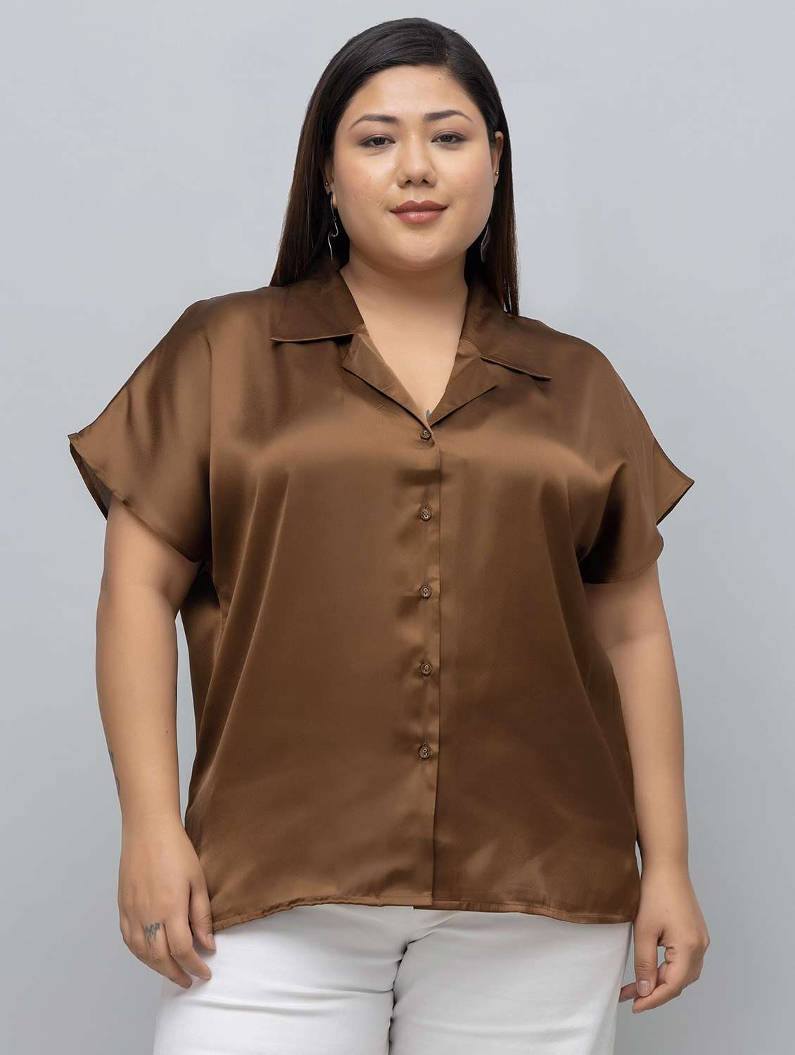 women plus size solid cuban collared shirt