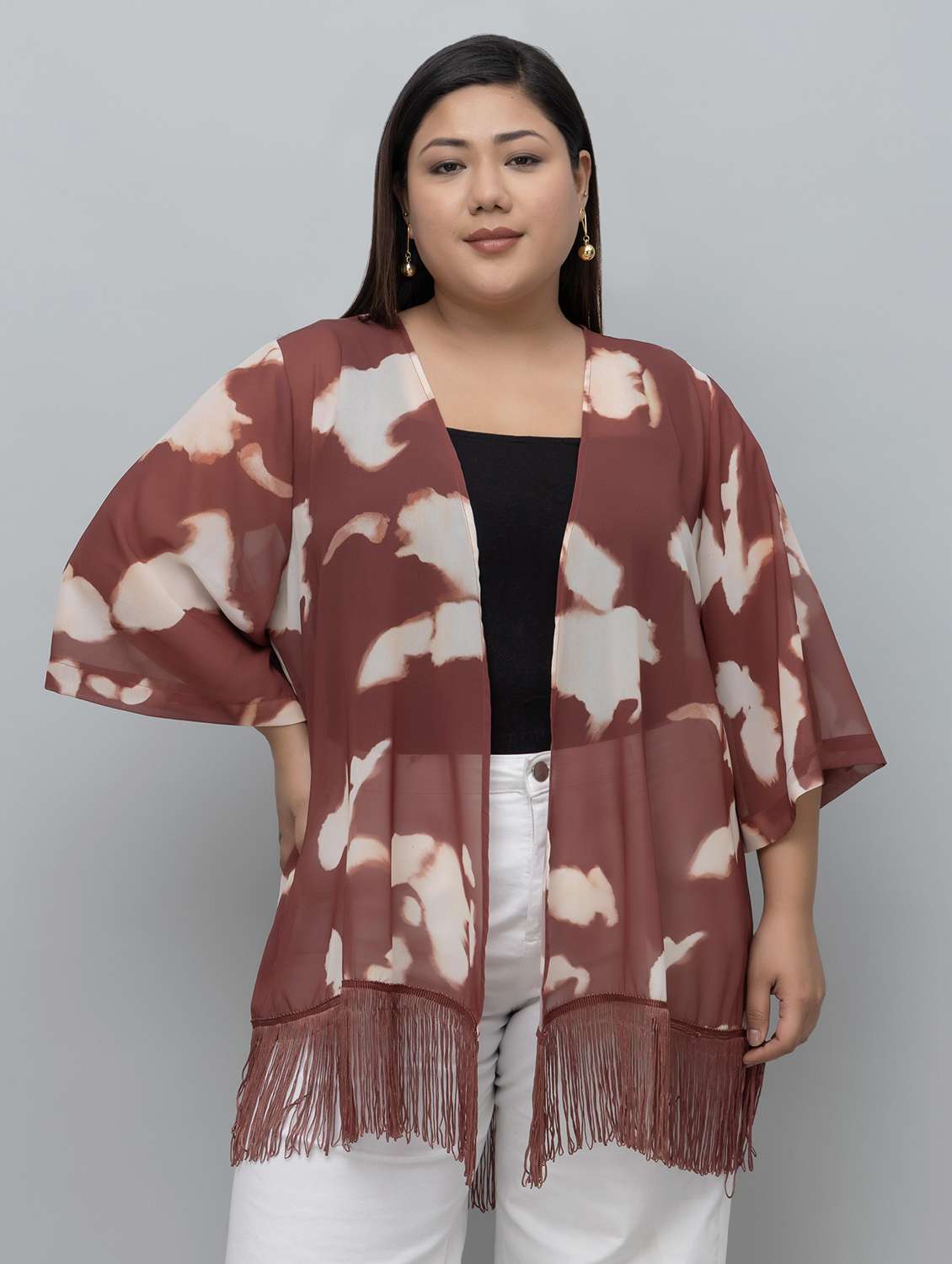 women plus size printed fringed hem shrug