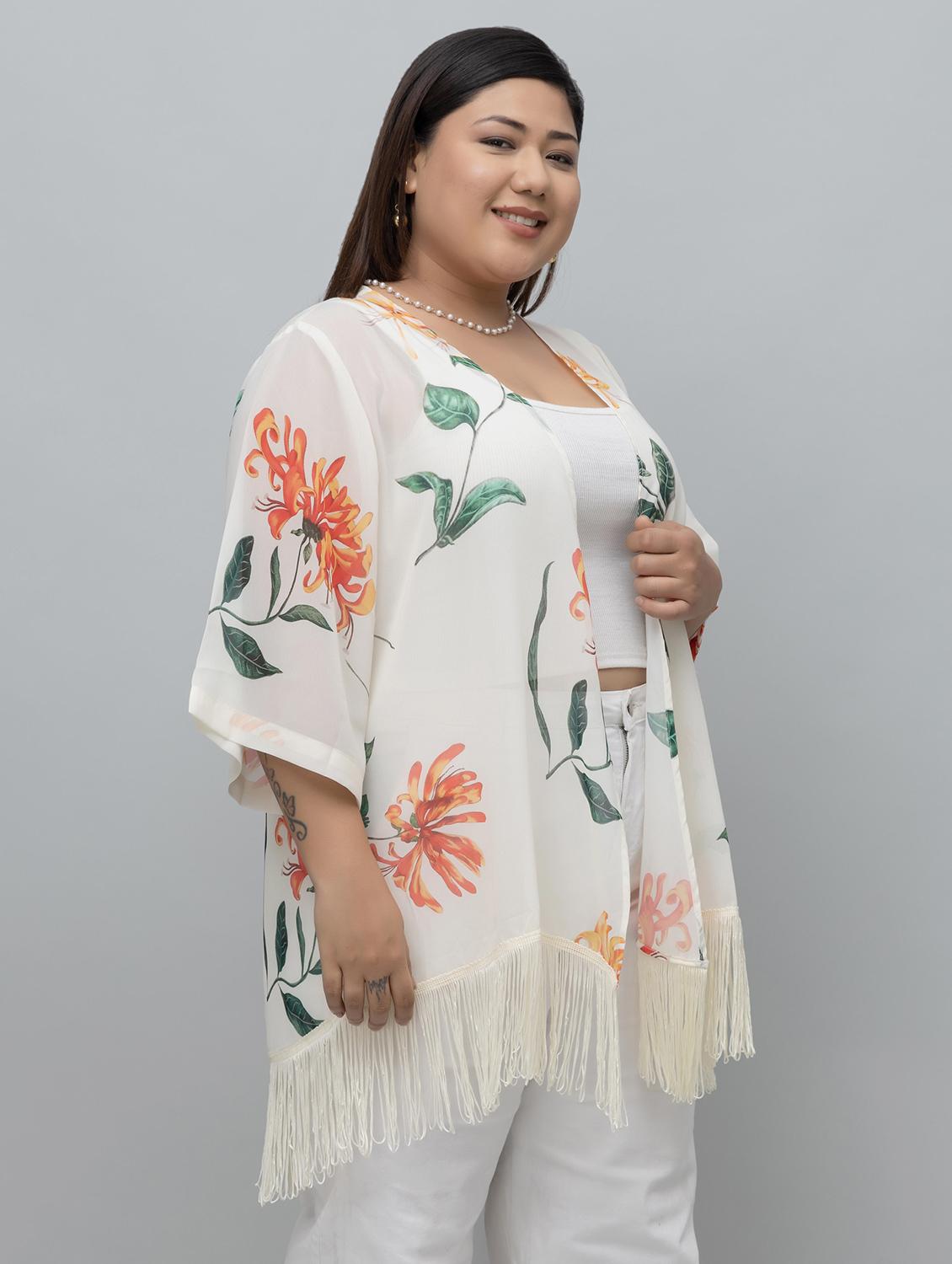 women plus size floral printed fringed hem shrug - 21918349 -  Standard Image - 1