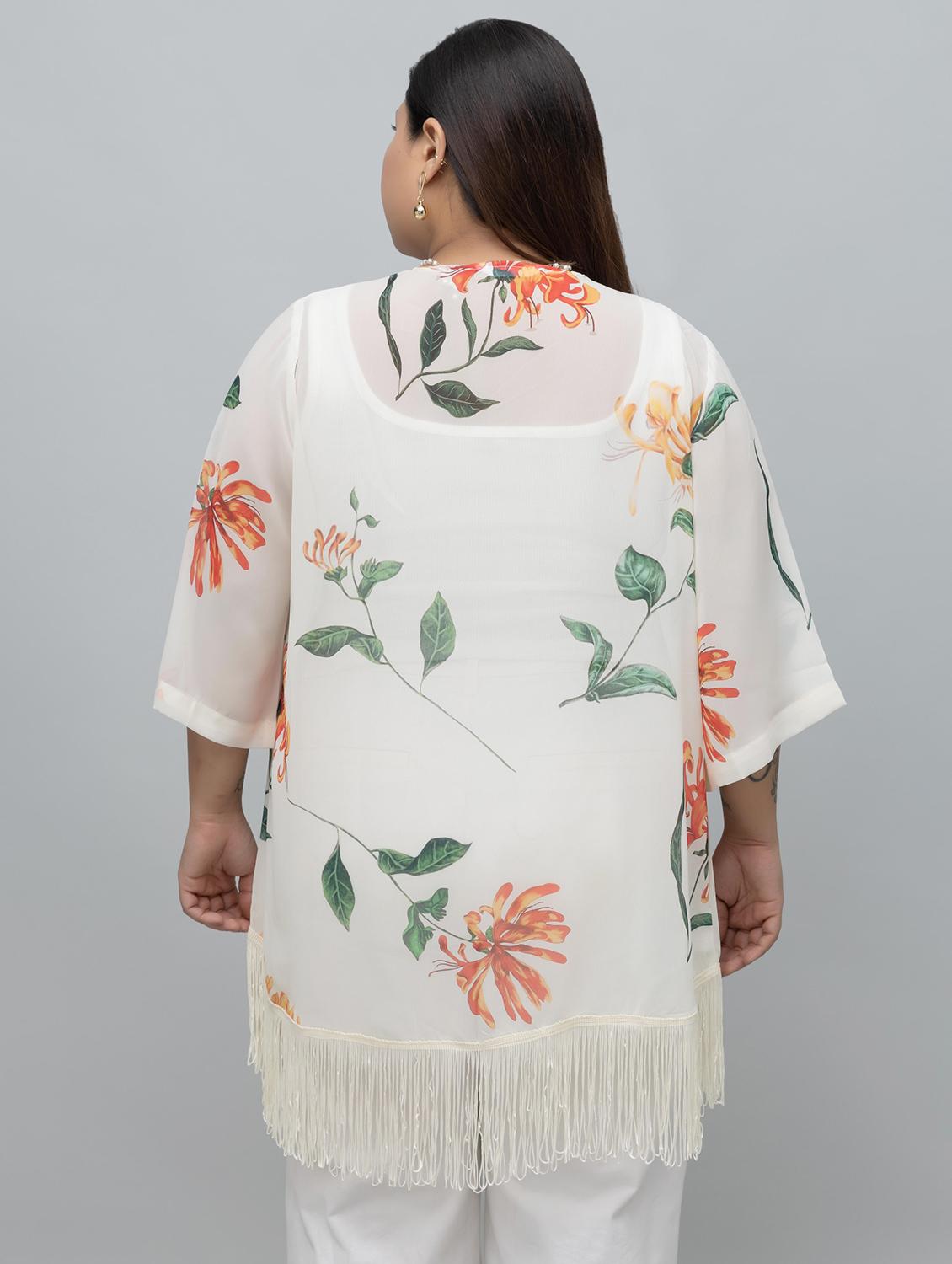 women plus size floral printed fringed hem shrug - 21918349 - Standard Image - 4