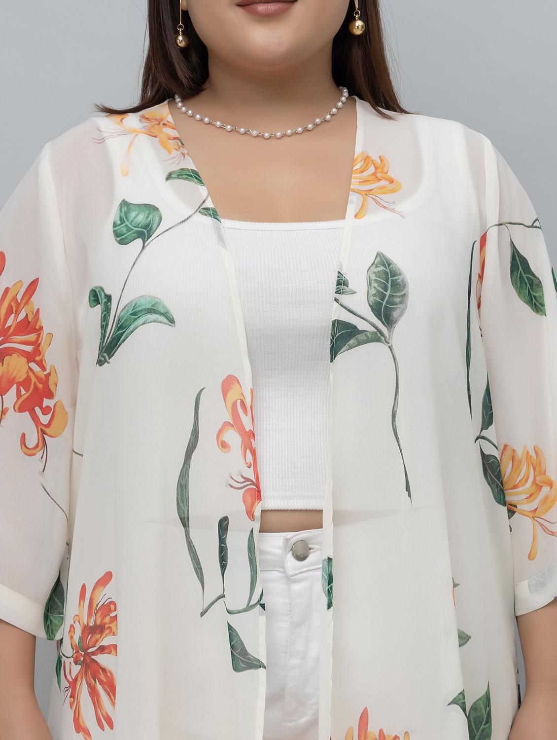 women plus size floral printed fringed hem shrug - 21918349 - Standard Image - 6
