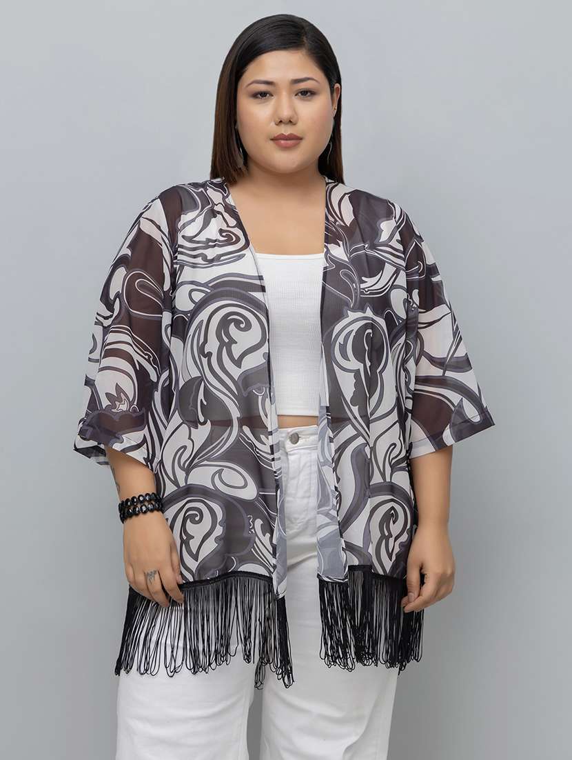women plus size printed fringed hem shrug