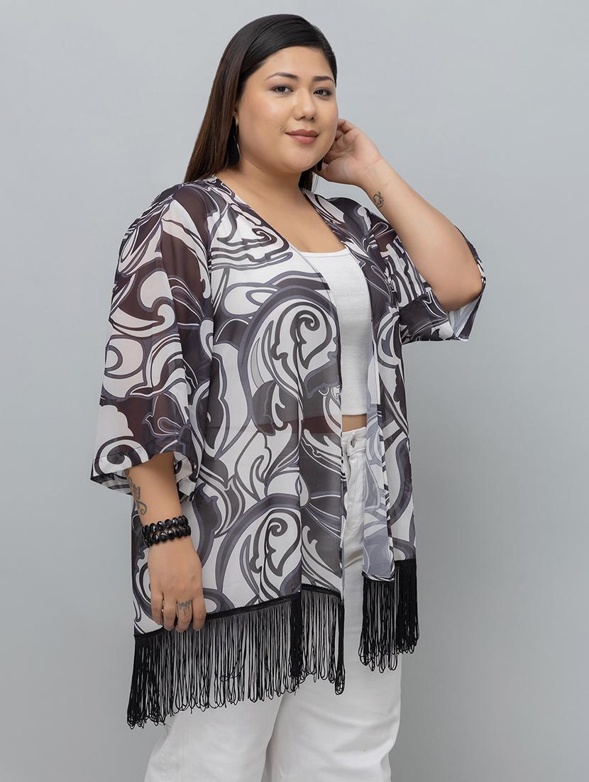 women plus size printed fringed hem shrug - 21918350 - Standard Image - 1
