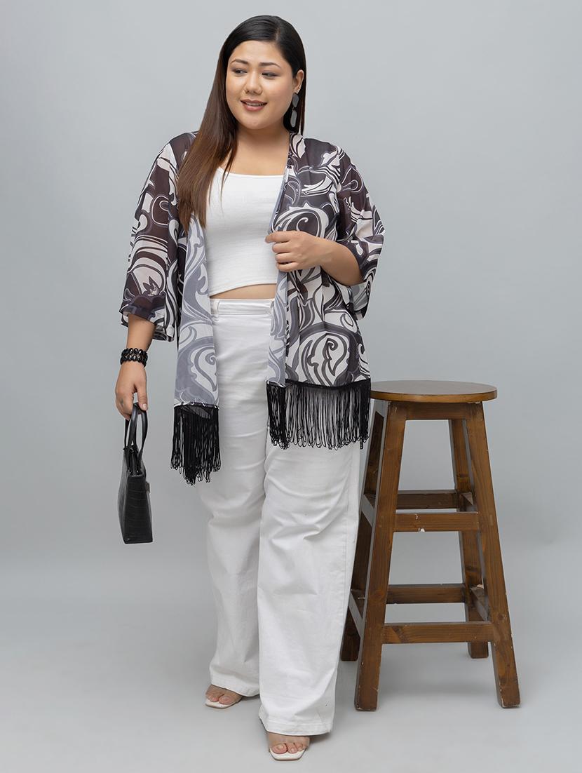 women plus size printed fringed hem shrug - 21918350 - Standard Image - 4
