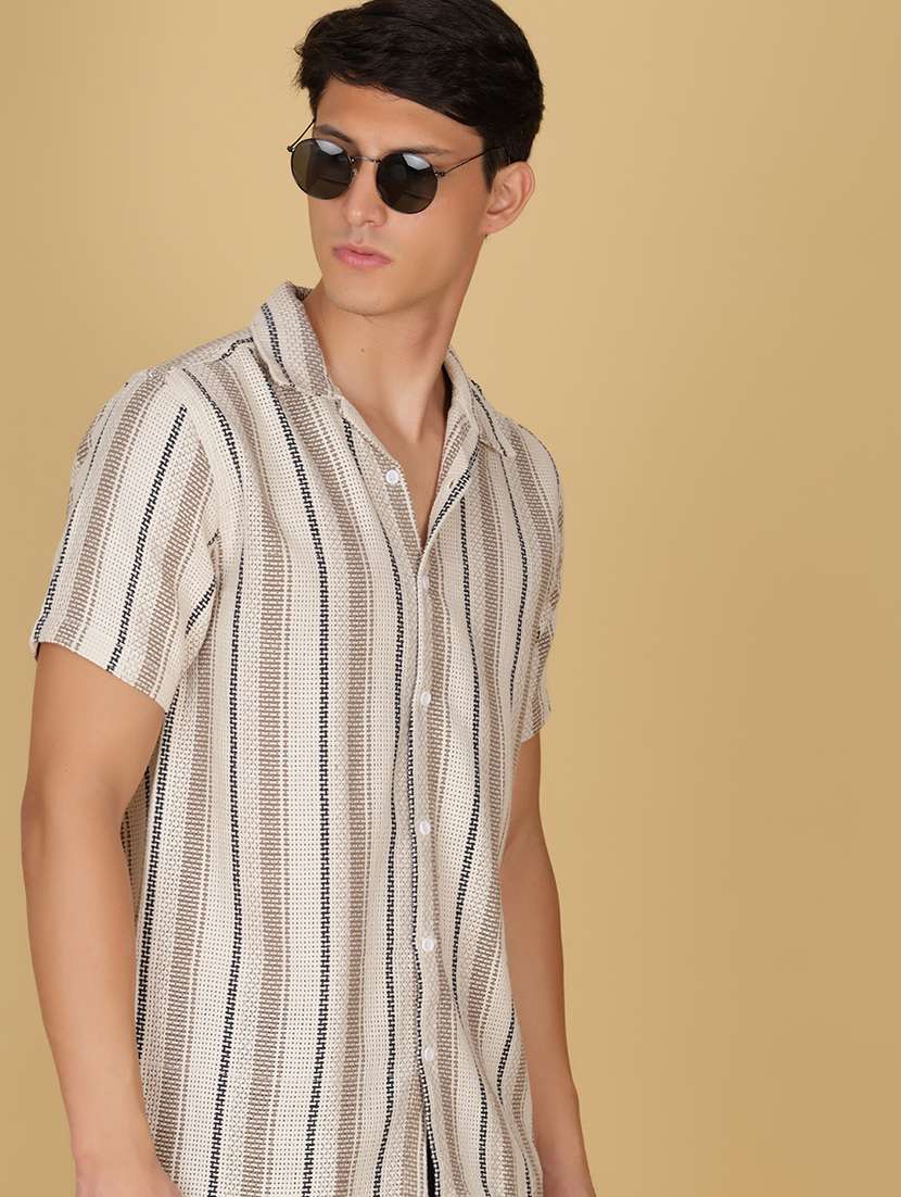men striped cuban collared short sleeve shirt