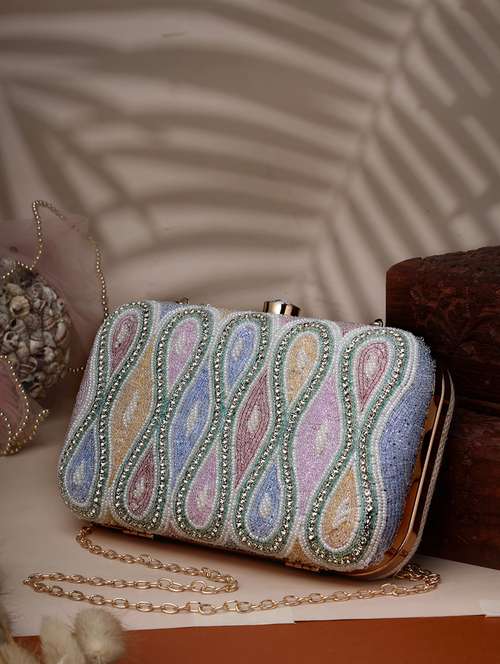 women embellished clutch with detachable sling chain