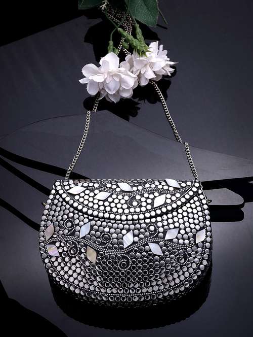women mirror worked clutch with detachable sling chain
