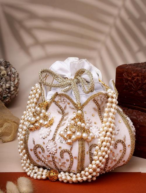 white velvet ethnic potli - 21918678 -  Standard Image - 0