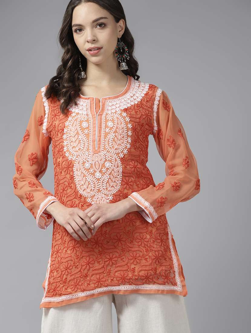 women chikankari long sleeve straight kurti