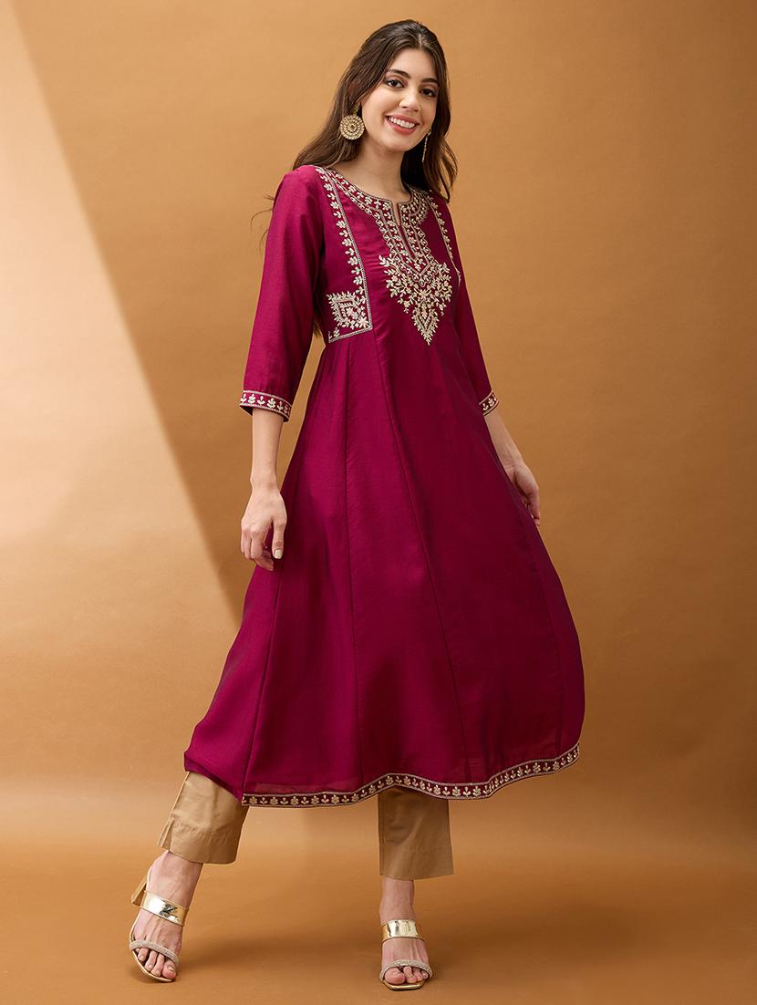 women burgundy floral embroidered yoke detail round neck panelled anarkali festive kurta - 21918770 - Standard Image - 1