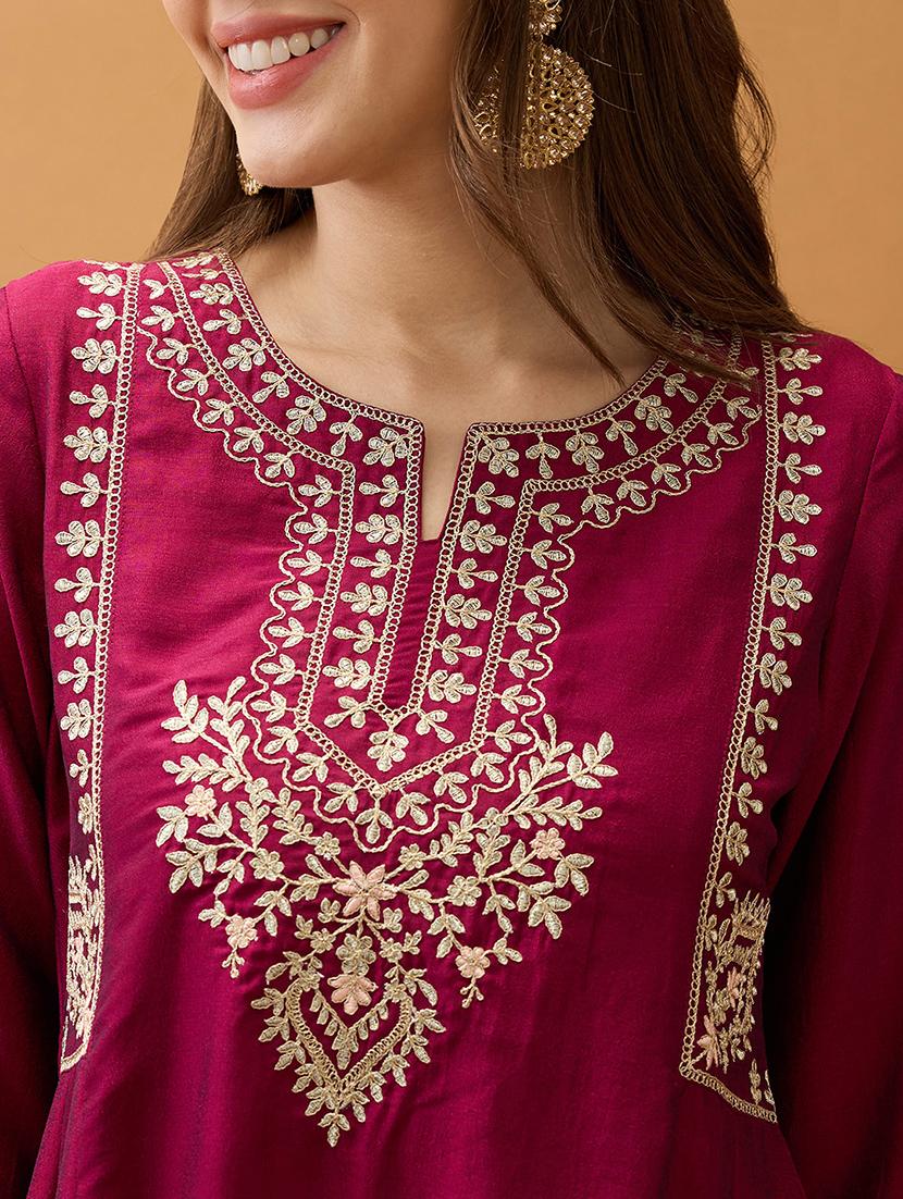 women burgundy floral embroidered yoke detail round neck panelled anarkali festive kurta - 21918770 - Standard Image - 4
