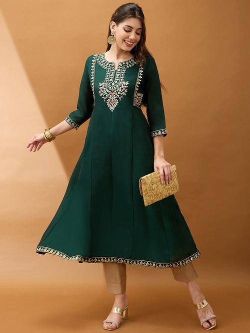women green floral embroidered yoke detail round neck panelled anarkali festive kurta - 21918771 -  Standard Image - 0