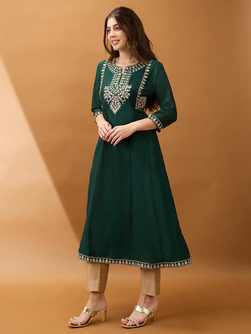 women green floral embroidered yoke detail round neck panelled anarkali festive kurta - 21918771 -  Standard Image - 1