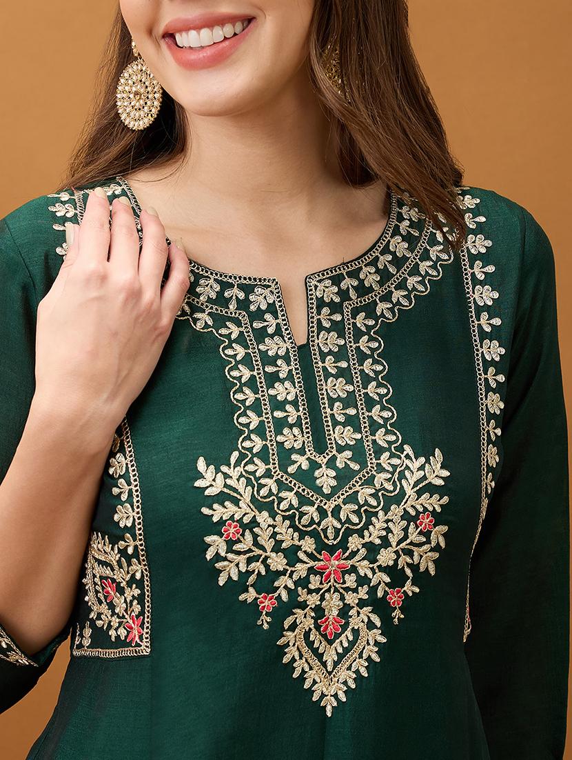 women green floral embroidered yoke detail round neck panelled anarkali festive kurta - 21918771 - Standard Image - 4