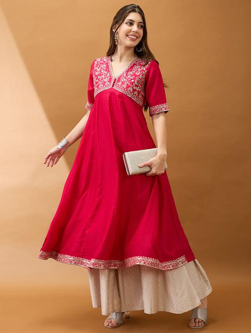 women pink sequinned floral embroidered yoke v-neck alia cut a-line festive kurta - 21918772 - Standard Image - 0
