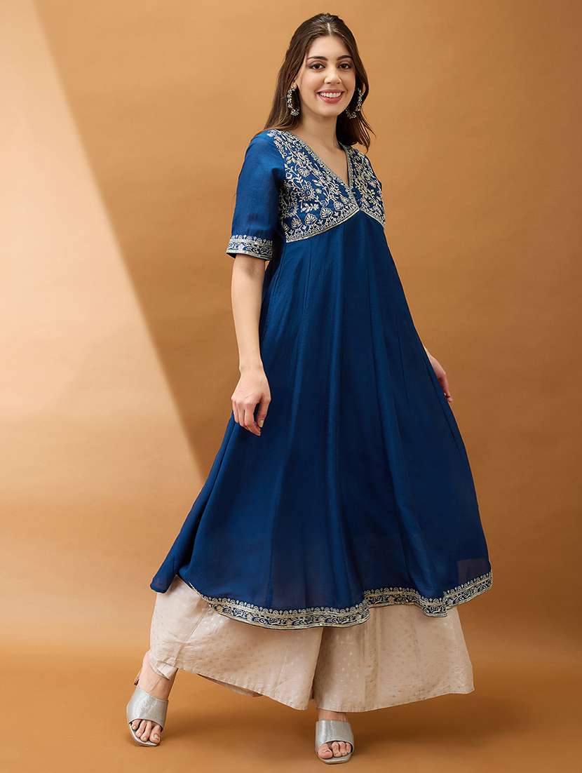 women blue sequinned floral embroidered yoke v-neck alia cut a-line festive kurta - 21918773 -  Standard Image - 1