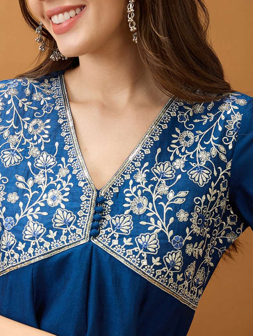 women blue sequinned floral embroidered yoke v-neck alia cut a-line festive kurta - 21918773 -  Standard Image - 4