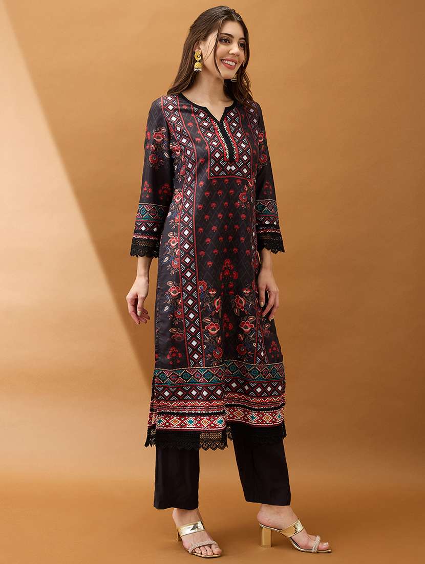 women black floral print lace insert scalloped hem straight kurta with elasticated pant set - 21918774 -  Standard Image - 1