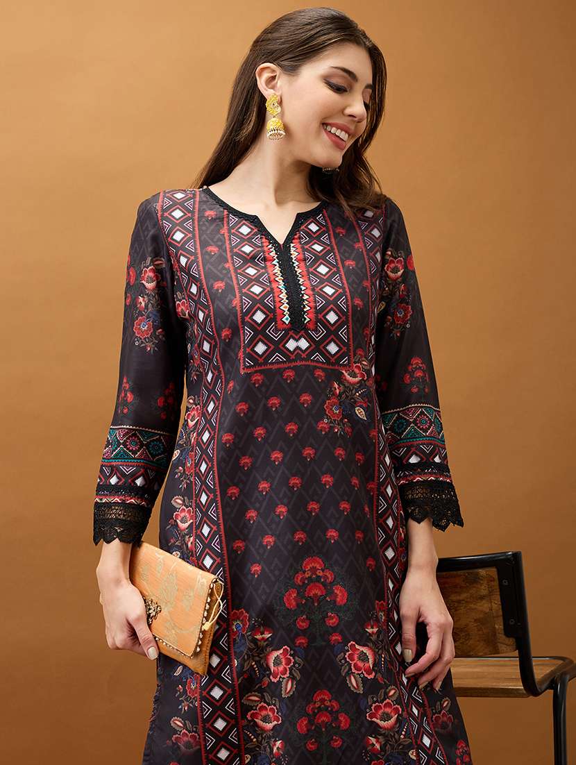 women black floral print lace insert scalloped hem straight kurta with elasticated pant set - 21918774 -  Standard Image - 4