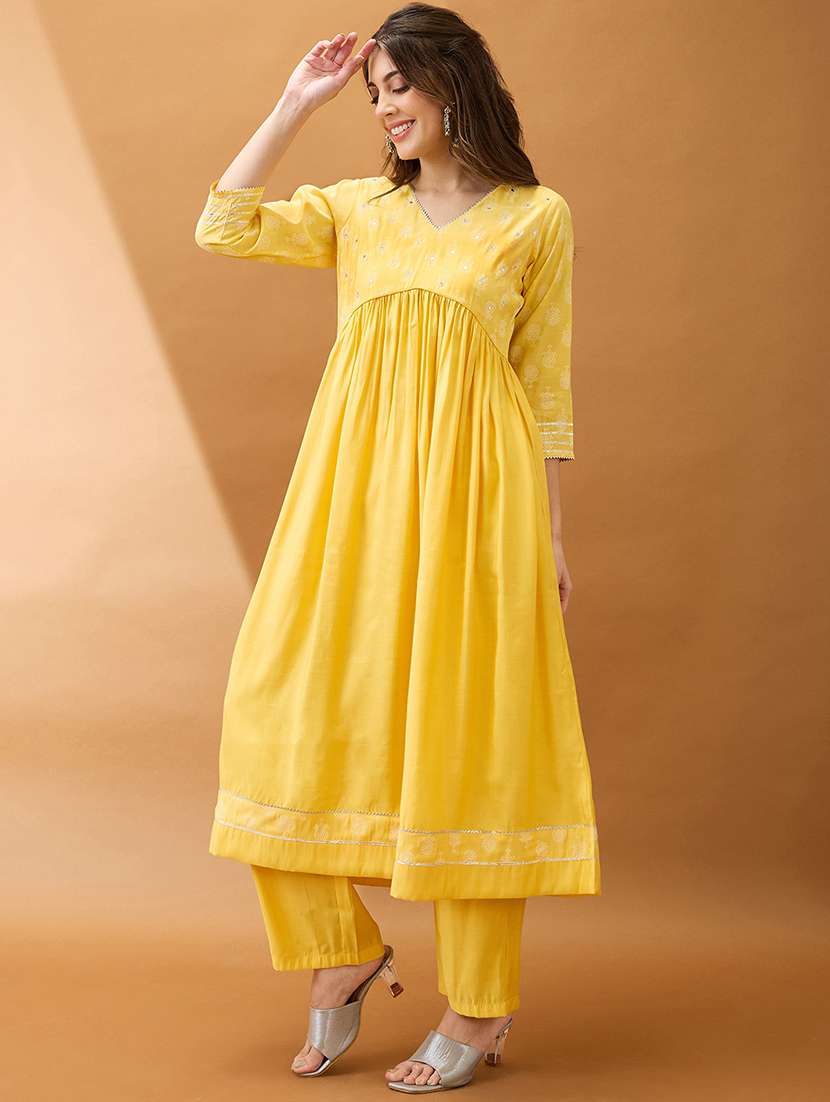 women yellow mirror work v-neck gotta lace pleated flared hem a-line kurta with pant set - 21918776 -  Standard Image - 1