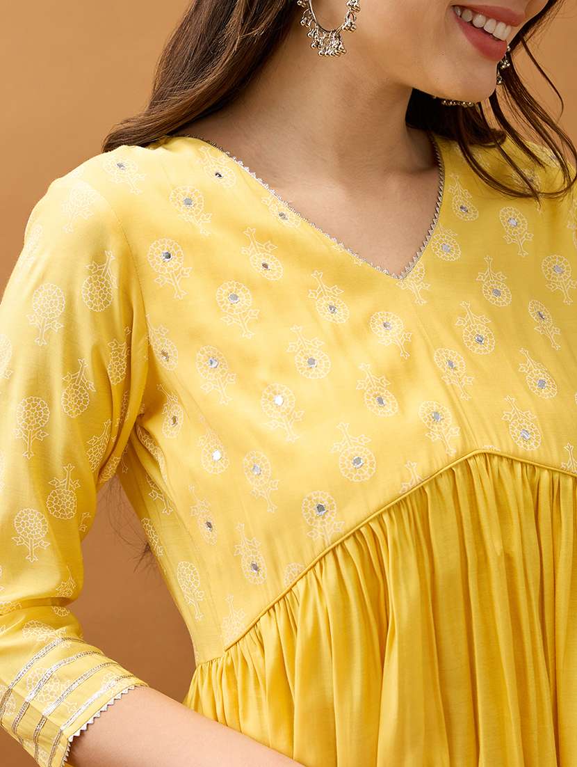 women yellow mirror work v-neck gotta lace pleated flared hem a-line kurta with pant set - 21918776 -  Standard Image - 4