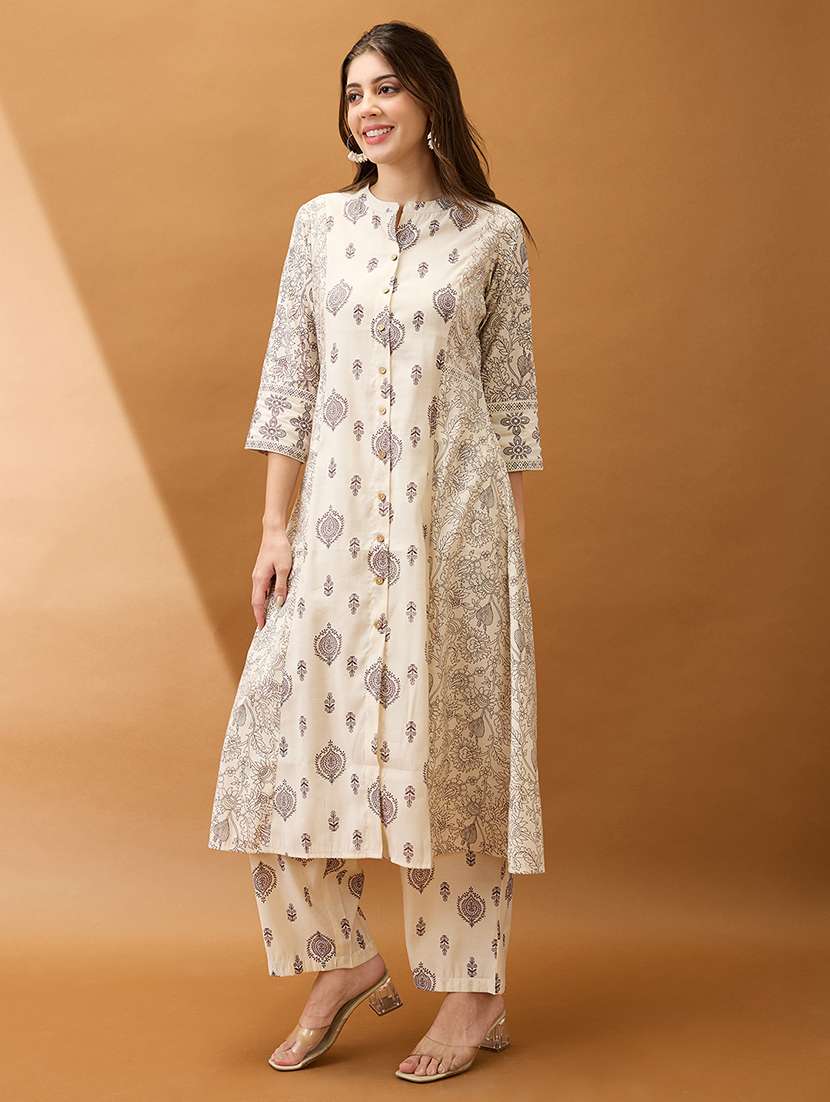 women beige ethnic print mandarin collar button down a-line kurta with straight pant set - 21918778 -  Standard Image - 1
