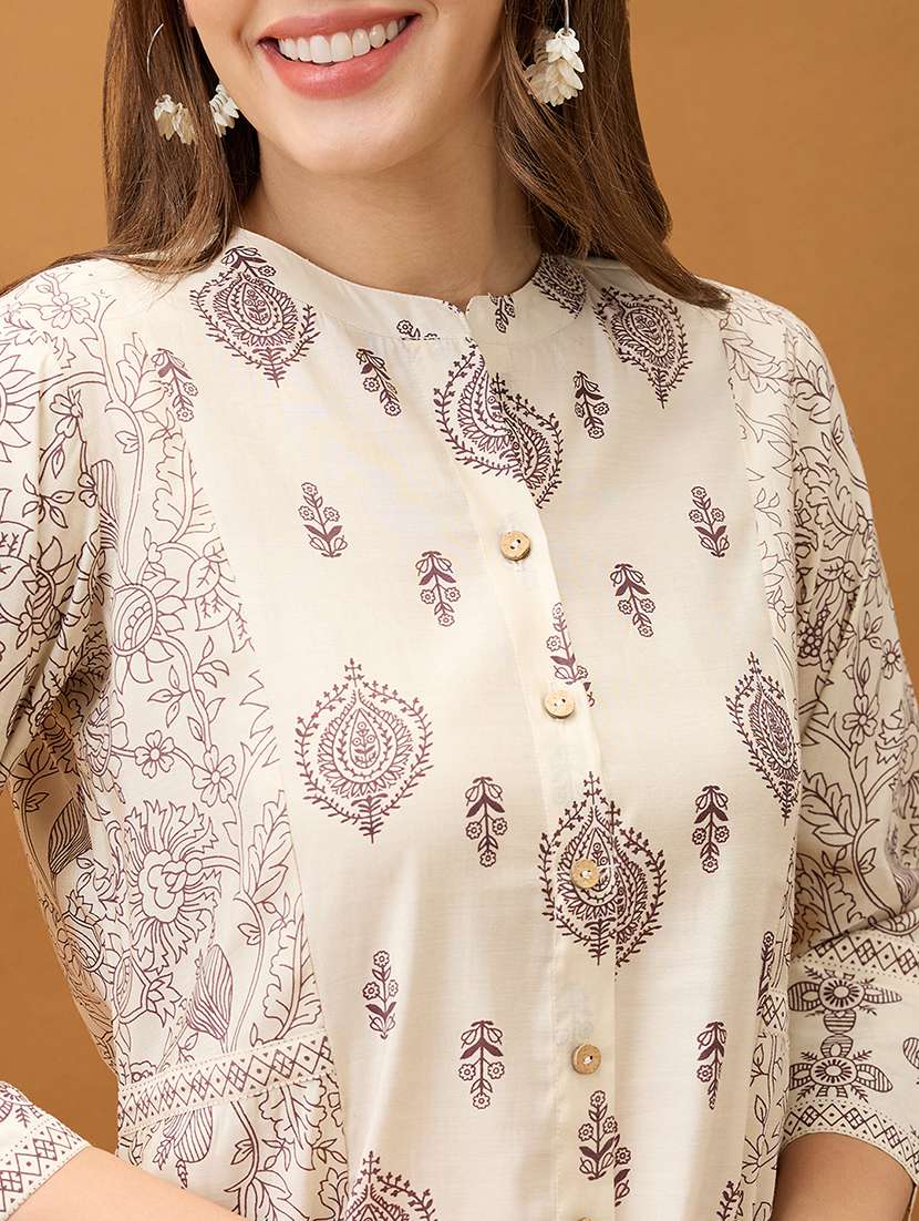 women beige ethnic print mandarin collar button down a-line kurta with straight pant set - 21918778 -  Standard Image - 4