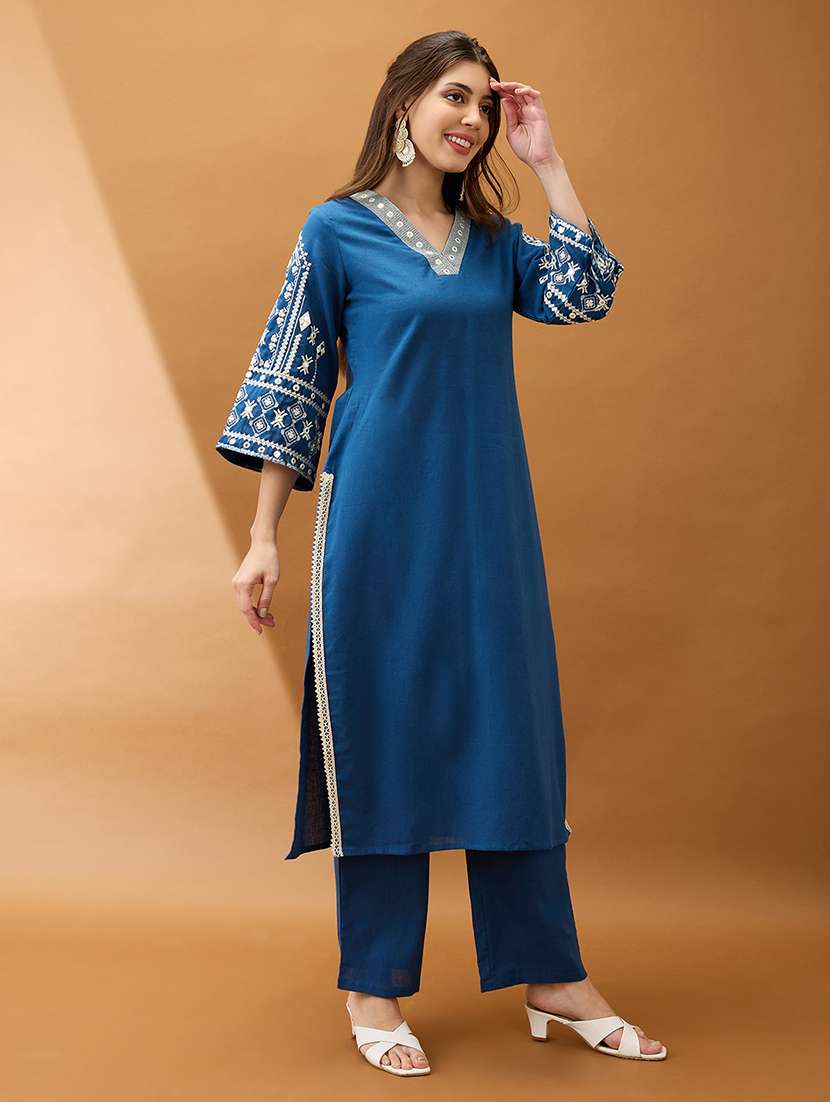 women blue v-neck bell sleeves embroidered & mirror work detail gotta lace straight kurta with pant festive set - 21918782 -  Standard Image - 1