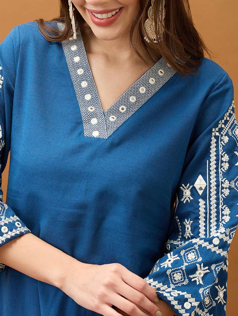 women blue v-neck bell sleeves embroidered & mirror work detail gotta lace straight kurta with pant festive set - 21918782 -  Standard Image - 4