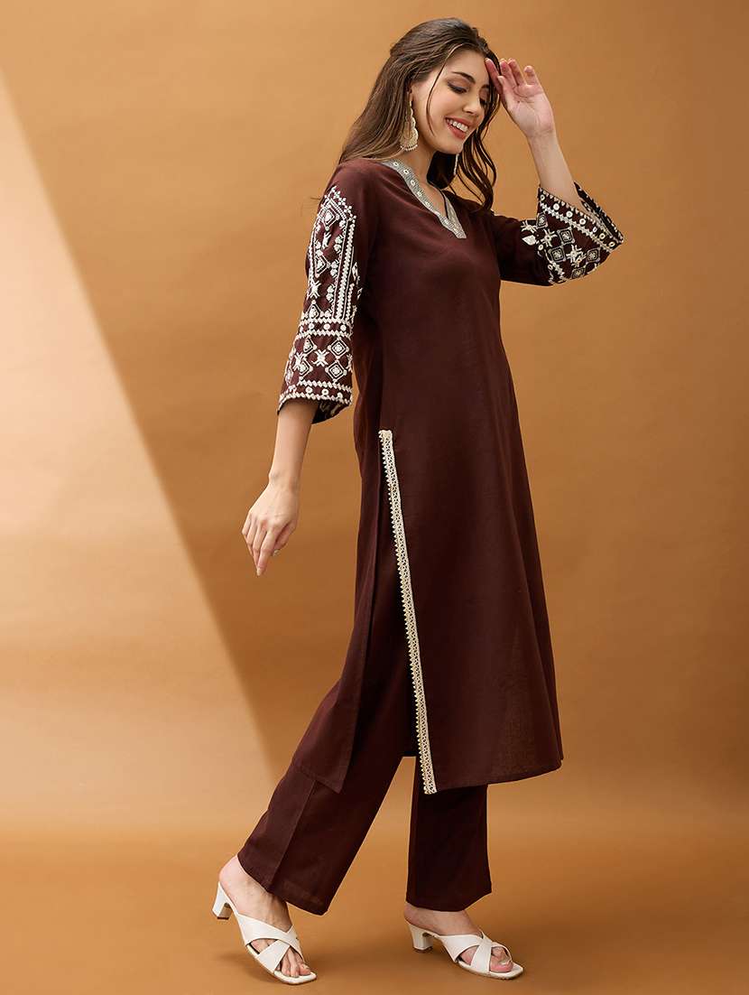 women brown v-neck bell sleeves embroidered & mirror work detail gotta lace straight kurta with pant festive set - 21918783 -  Standard Image - 1