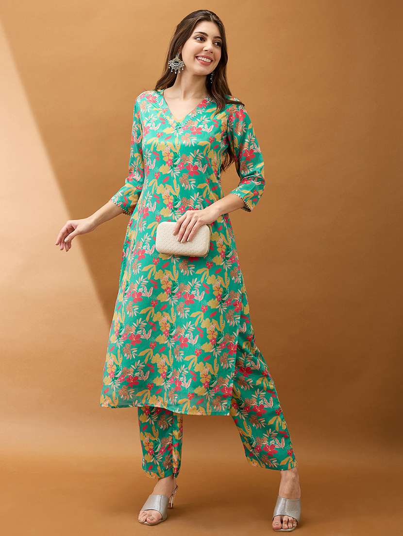 women green floral printed v-neck gotta lace straight kurta with pant set