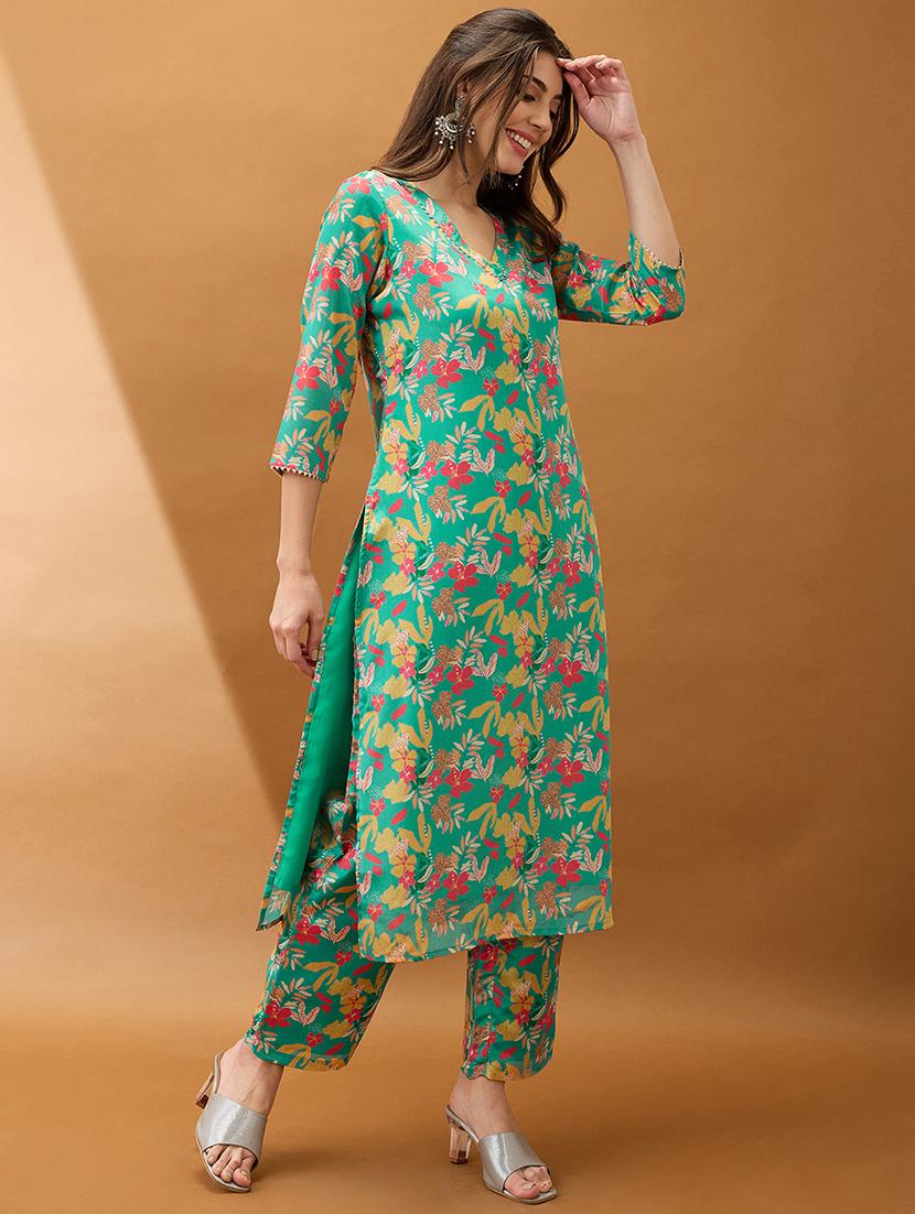 women green floral printed v-neck gotta lace straight kurta with pant set - 21918785 - Standard Image - 1