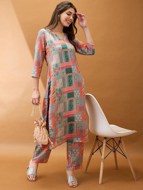 women multicolor printed v-neck gotta lace straight kurta with pant set - 21918786 -  Standard Image - 0