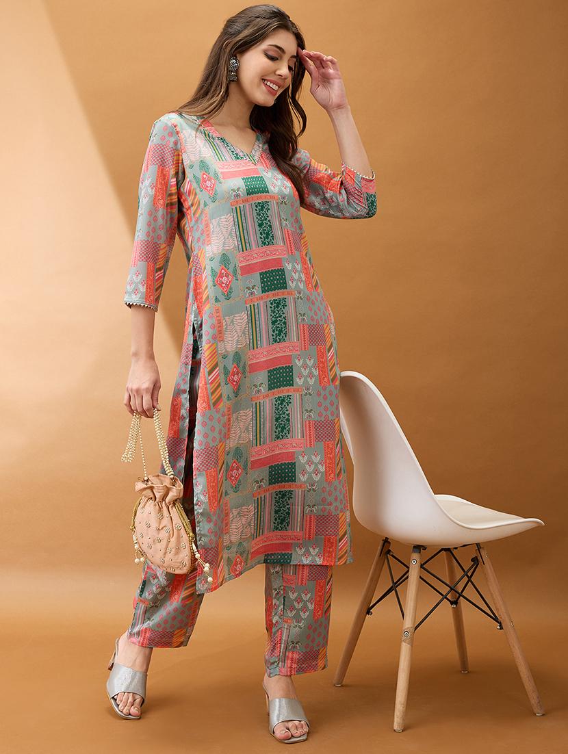 women multicolor printed v-neck gotta lace straight kurta with pant set - 21918786 -  Zoom Image - 0