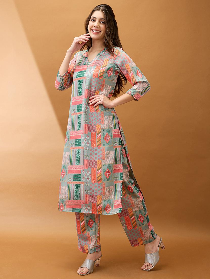 women multicolor printed v-neck gotta lace straight kurta with pant set - 21918786 -  Standard Image - 1